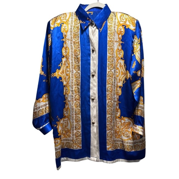 Vintage 100% Silk Metallic Baroque Blue White & Gold Long Sleeve Button Pads GUC - Picture 1 of 16